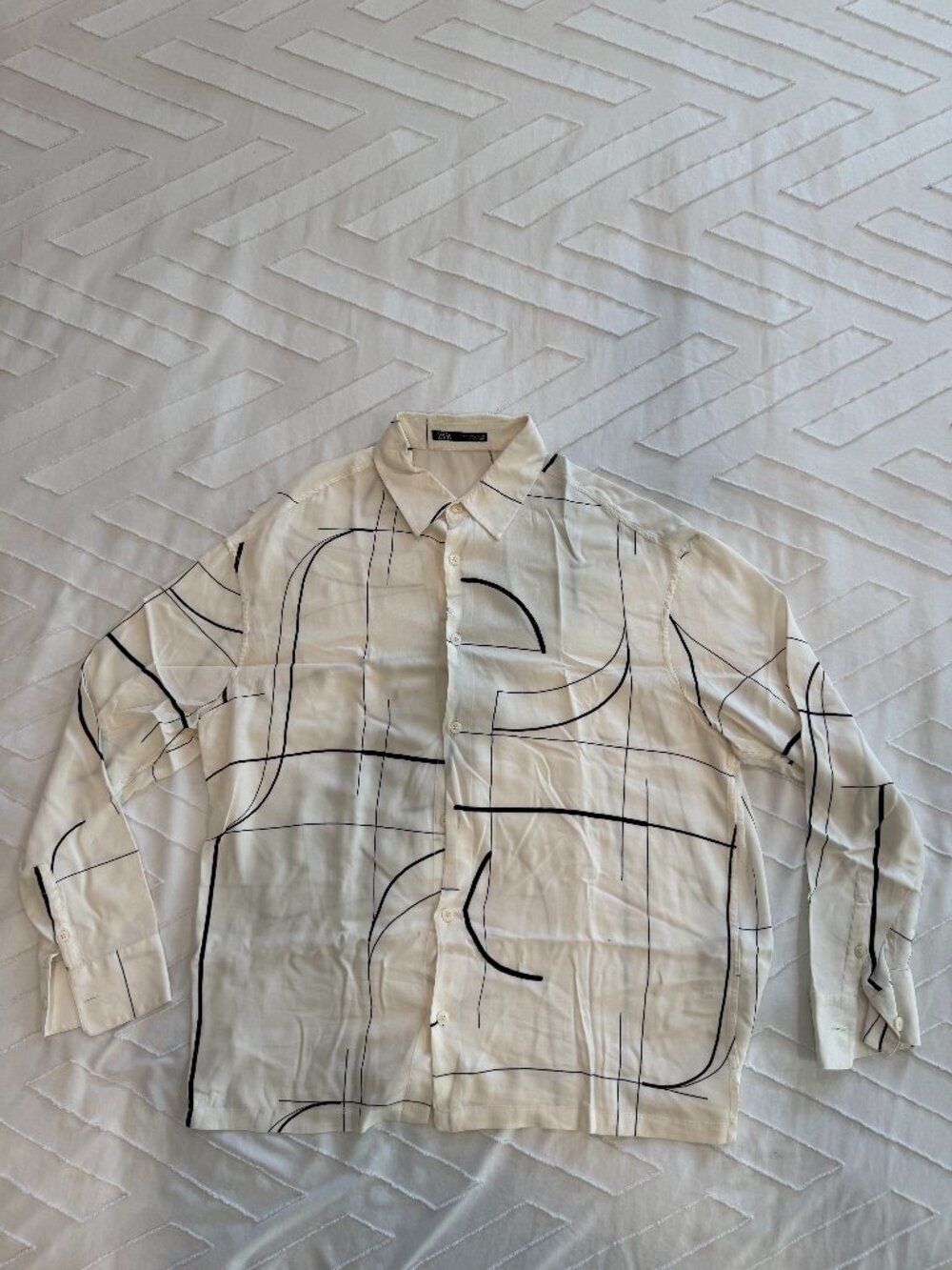Zara Man Cream Abstract Line Print Long Sleeve Shirt